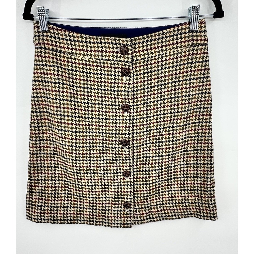 Talbots Brown Green Red Houndstooth Wool Blend Skirt With Leather Buttons 6P